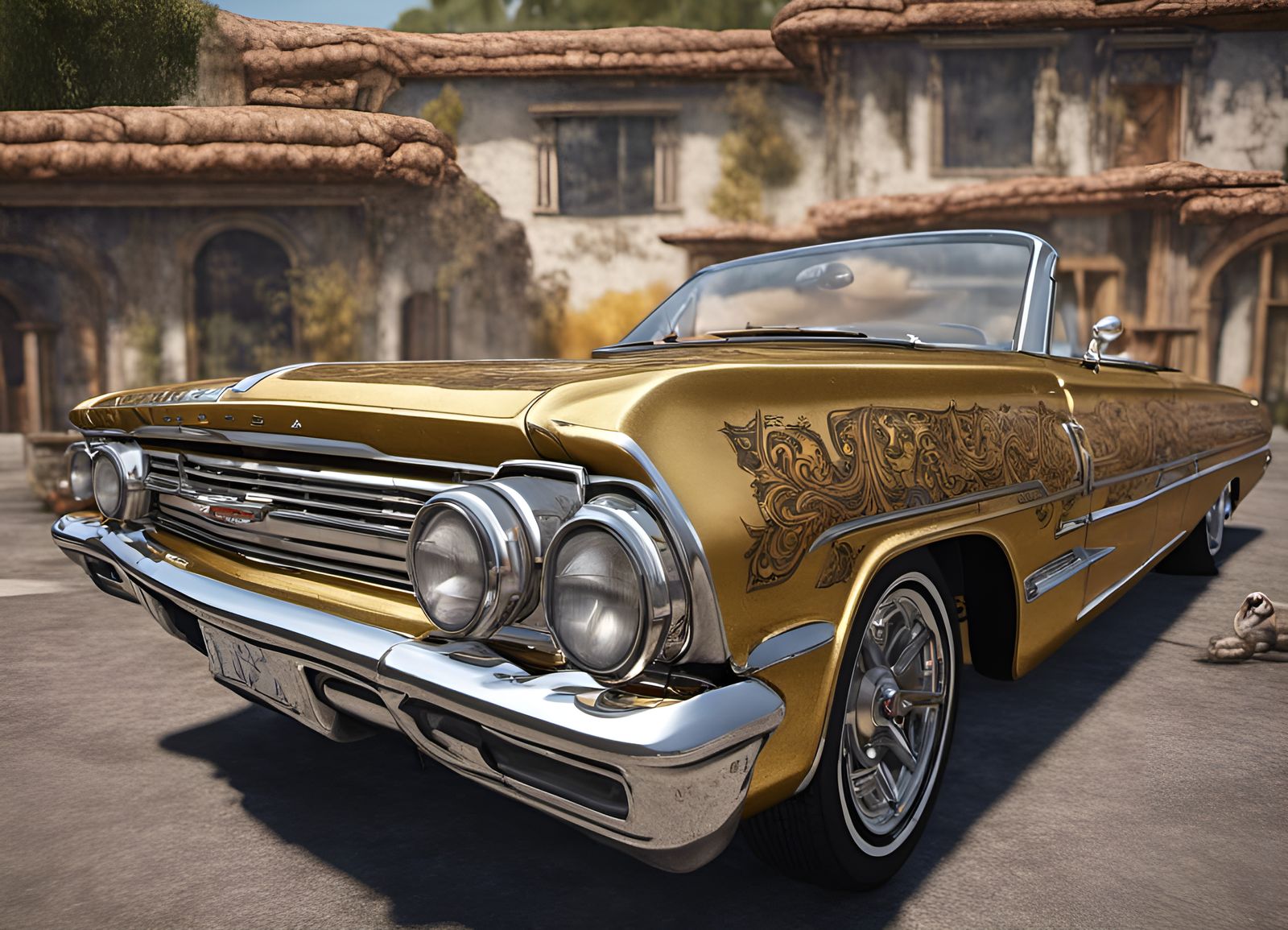 1964 Chevy Converible SS Impala-Lowrider: aztec mural on the hood, gold-metal flake paint job, ultra-realistic, ultra-de...