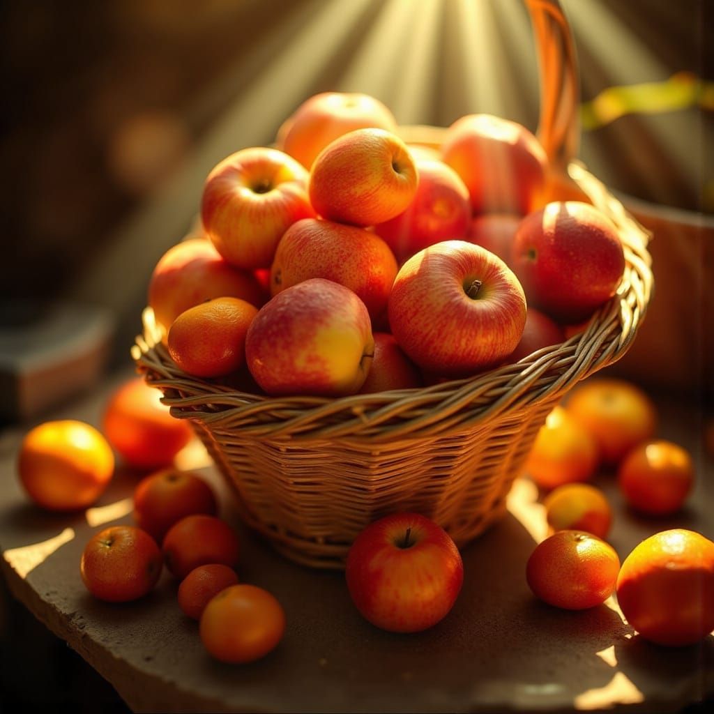 Warm Vintage Still Life of Apples and Oranges in a Wicker Ba...