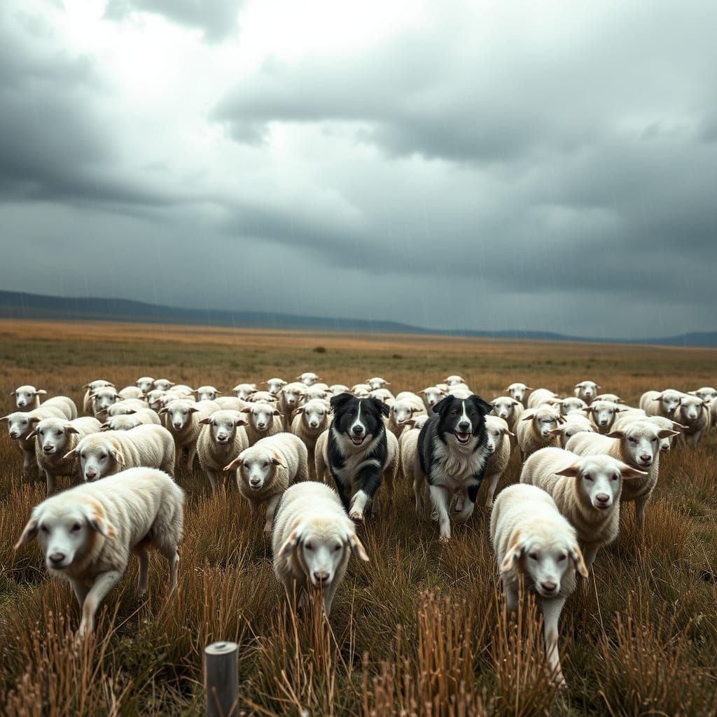Sheepdogs Herding Flock in Rainy Meadow