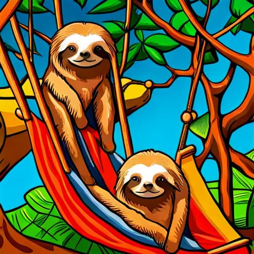 Sloths Lounging in Hammock in Pop-Art Style