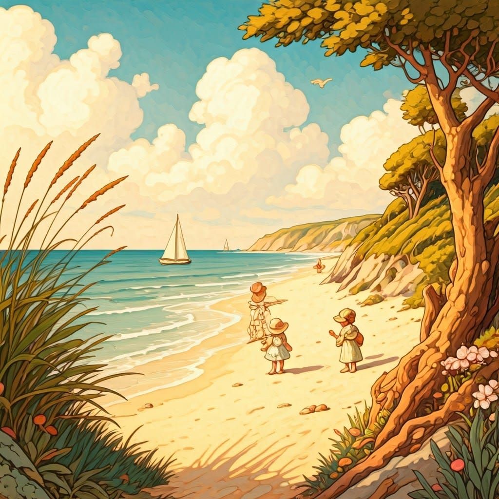 Vintage Children's Beach Scene in Whimsical Gouache Style