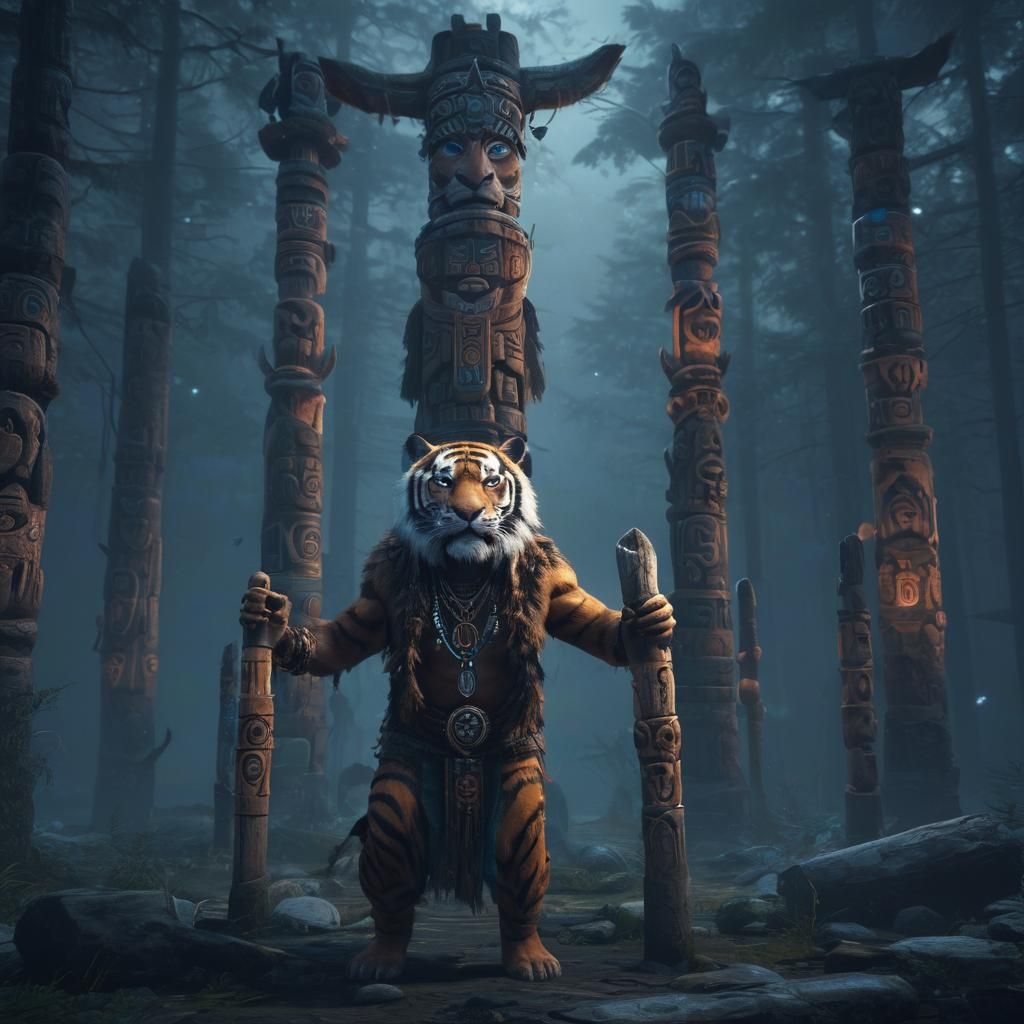 Siberian Tiger Shaman's Ritual in Misty Forest