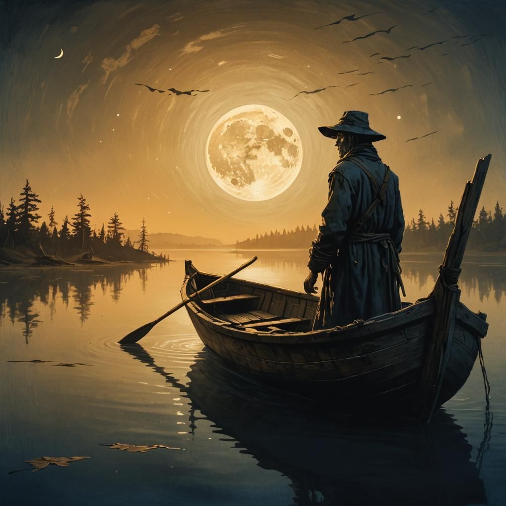 Fishman on Lake Under Moonlight in Dark Fantasy Style