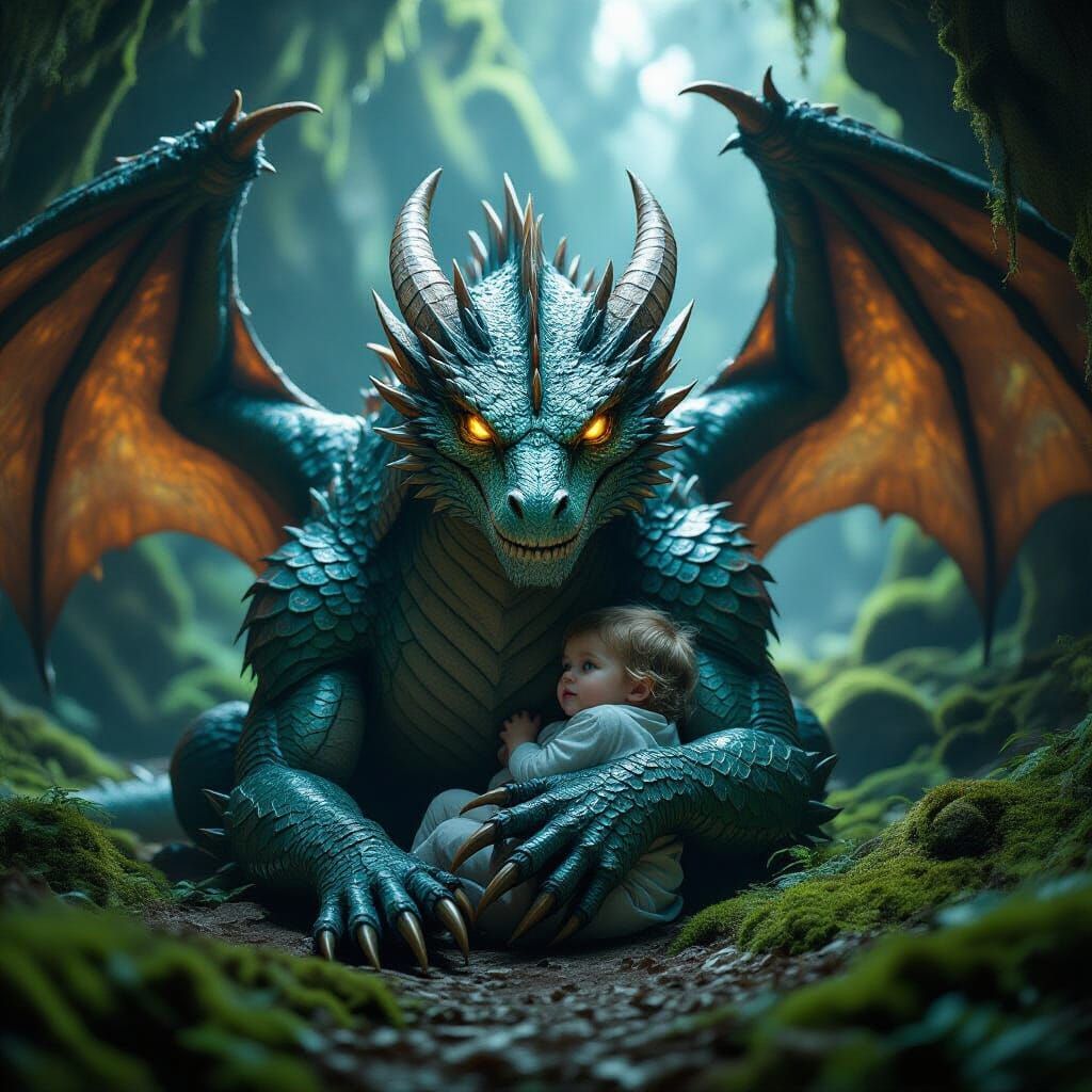 Dragon-like Creature Cradling Child: Cinematic Film Still