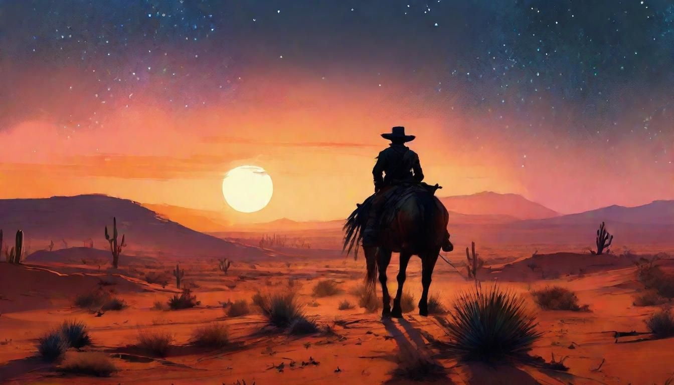 16k resolution, art by Ismail Inceoglu and Yoshitaka Amano. A mystical gunslinger cowboy outlaw silhouette, riding a spe...