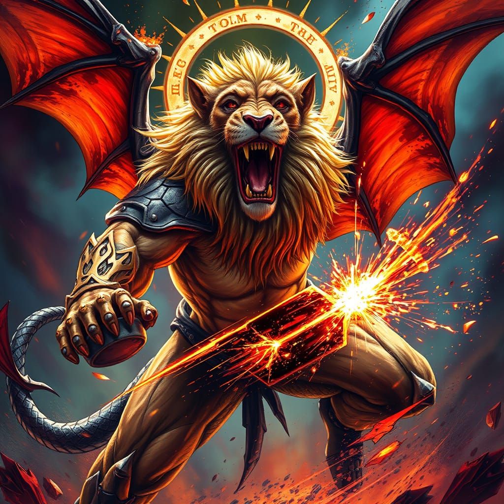 Lion Warrior with Bat Wings in Dramatic Arena Battle