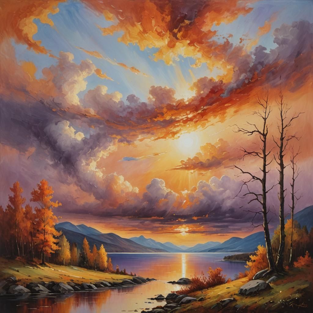 Fiery Sunset Over Fjords: Oil Painting