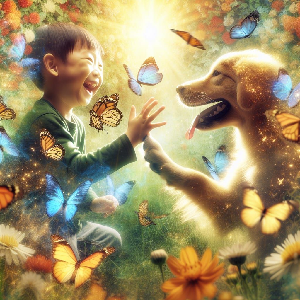 Child and Dog High-Five in Sunny Meadow