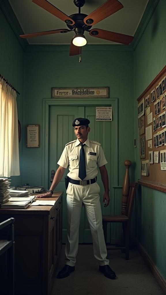 Stern Police Officer in Dimly Lit Station