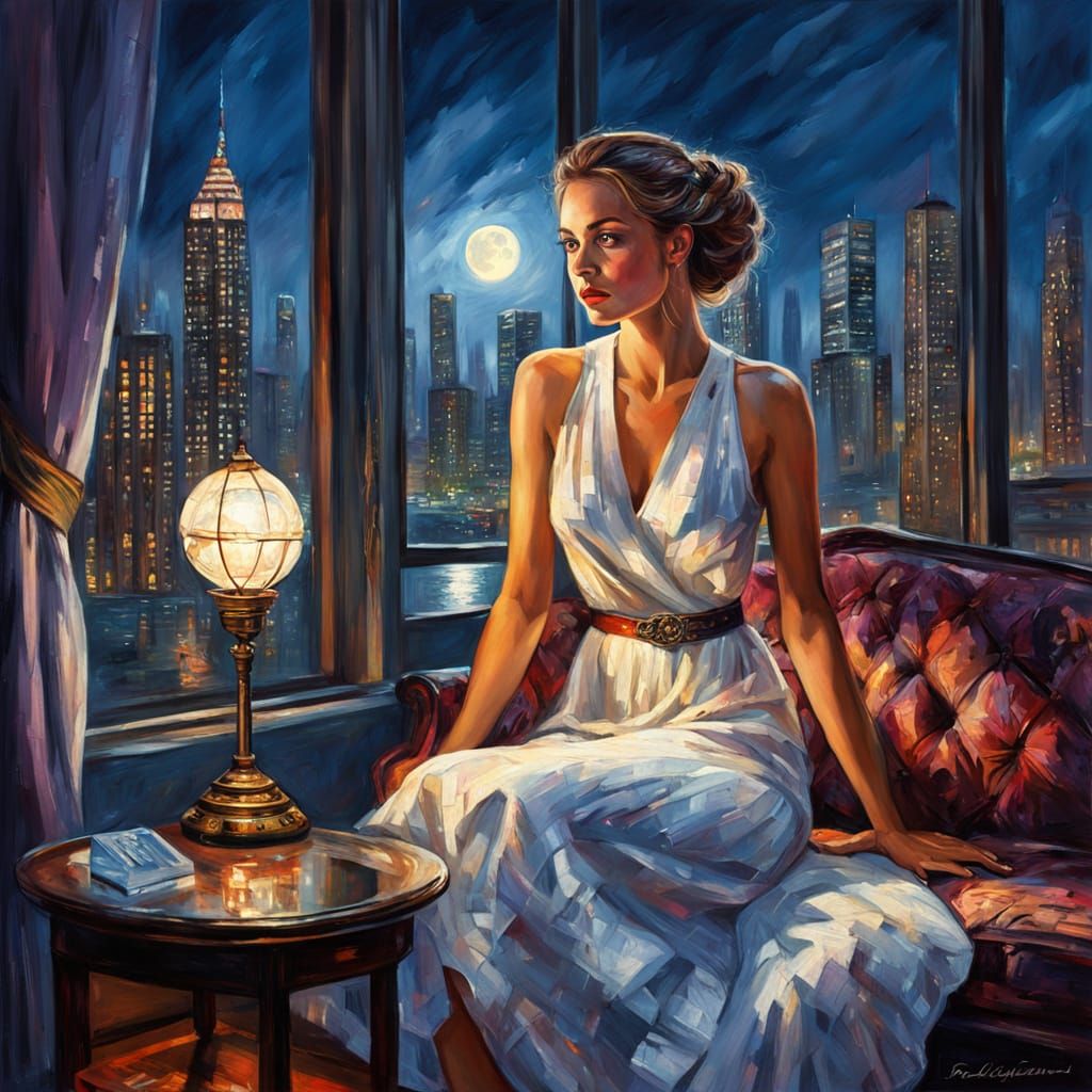 Woman in a White Dress, Gazing Out at a Cityscape Under a Fu...
