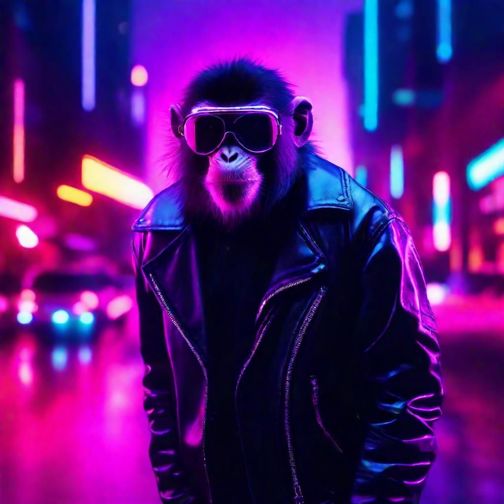 Monkey in Neon-lit Synthwave Portrait
