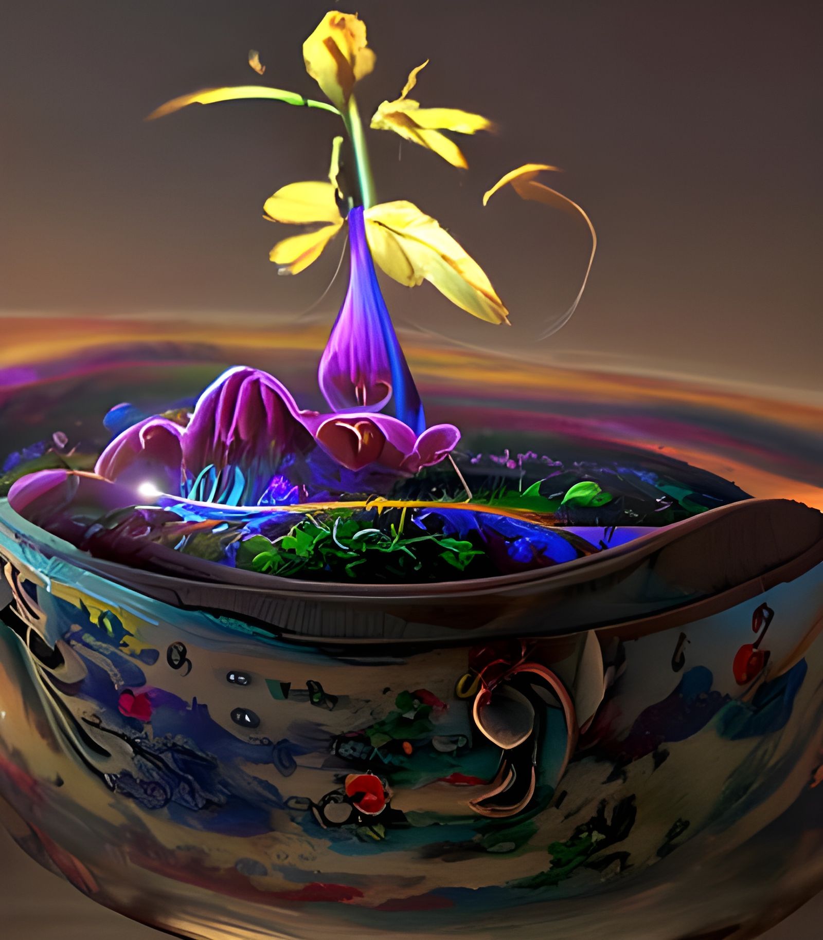 Glowing Flowers on Magical Watering Can, Psychedelic Art