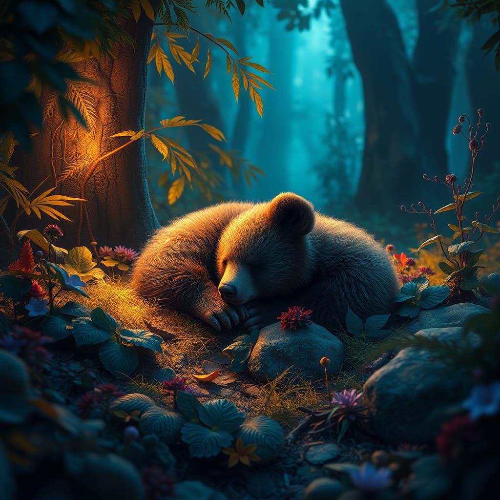 Sleeping Baby Bear in Mystical Forest