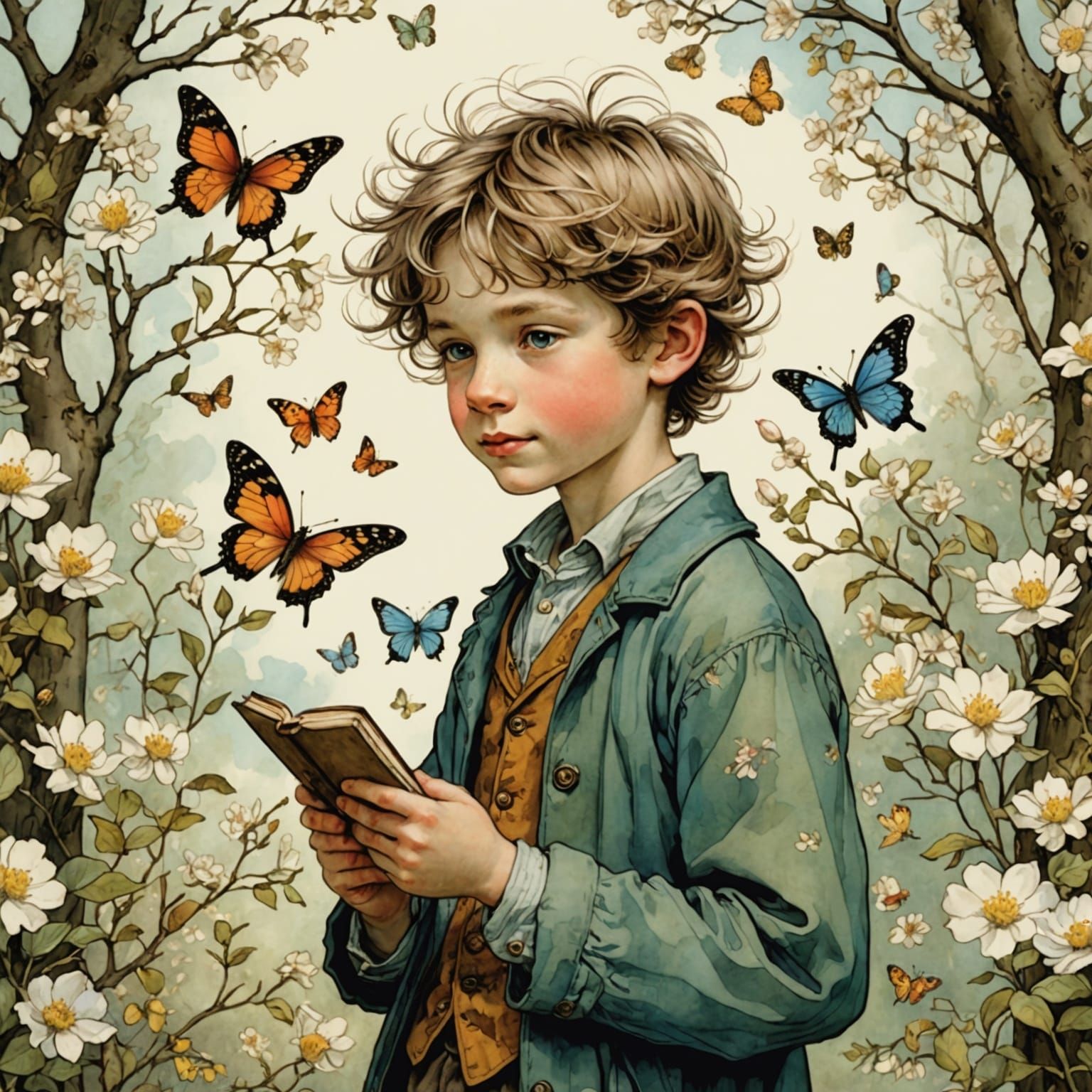 Boy Reading Book with Blossoms Illustration