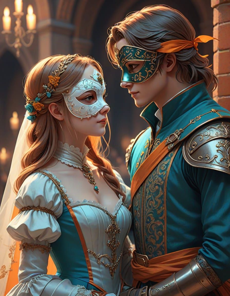Romeo and Juliet in 14th Century Masquerade Ball, Anime Styl...