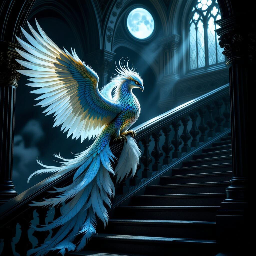 Ethereal Creature with Iridescent Scales on Grand Staircase