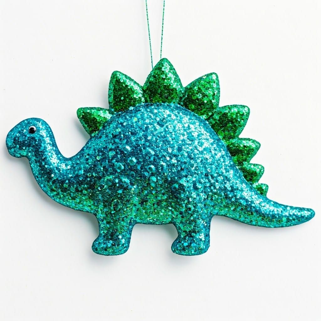 A blue green glitter dinosaur decoration on a white backgrou...