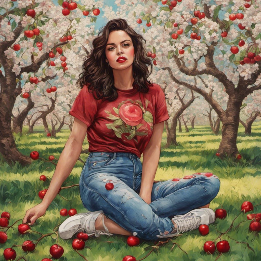 Voluptuous Woman in Cherry Orchard with Vivid Details