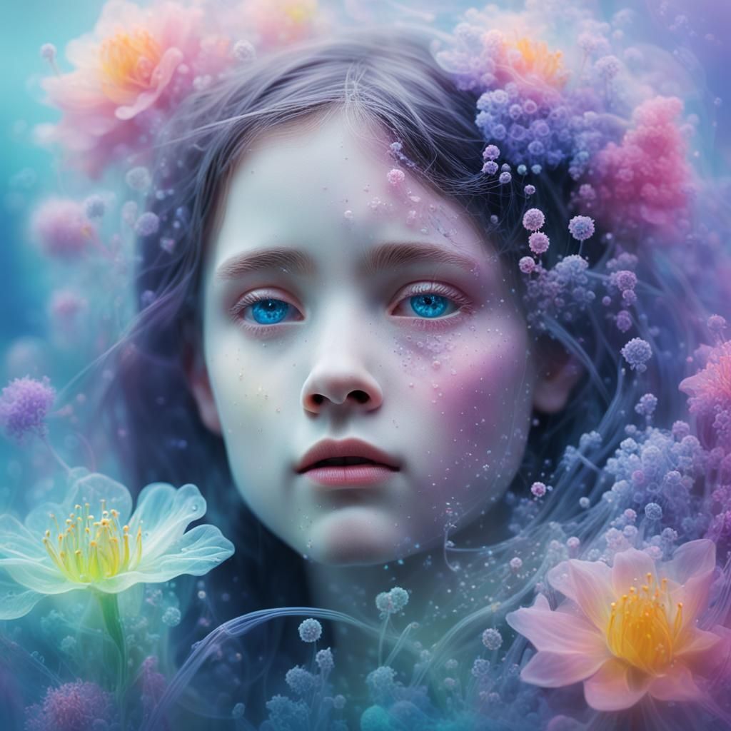 Melancholic Girl Surrounded by Amoebas in Dreamscape