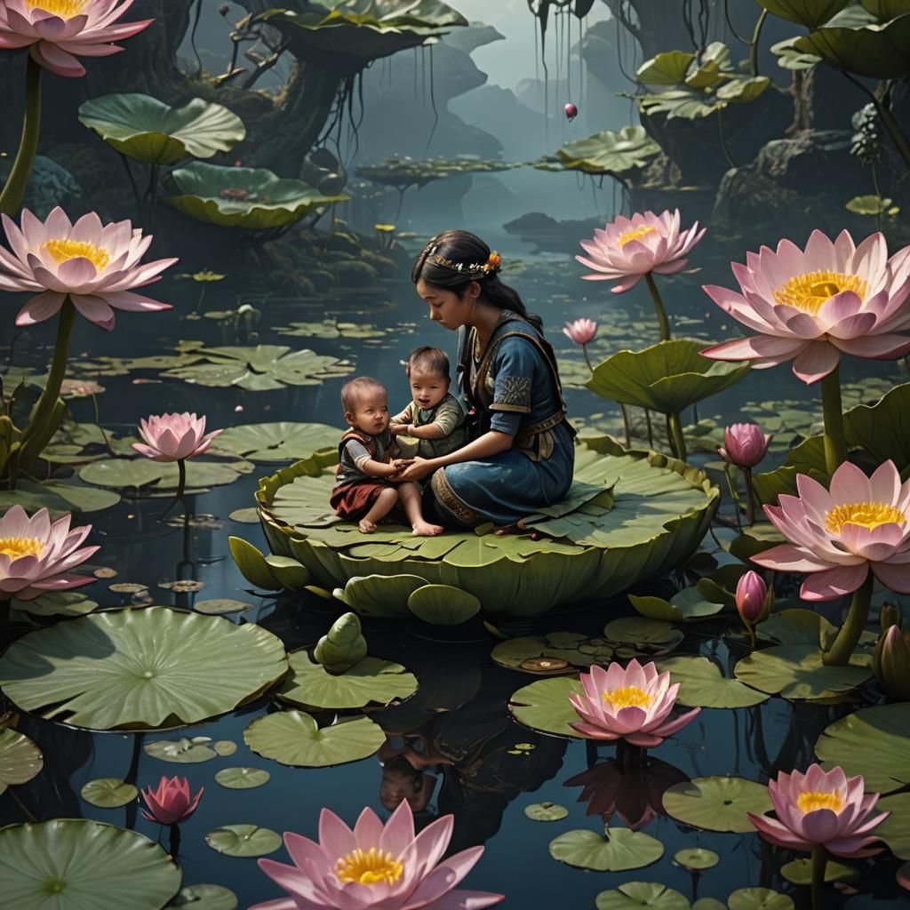 Babies Embrace on Lily Pad: Fantasy Concept Art