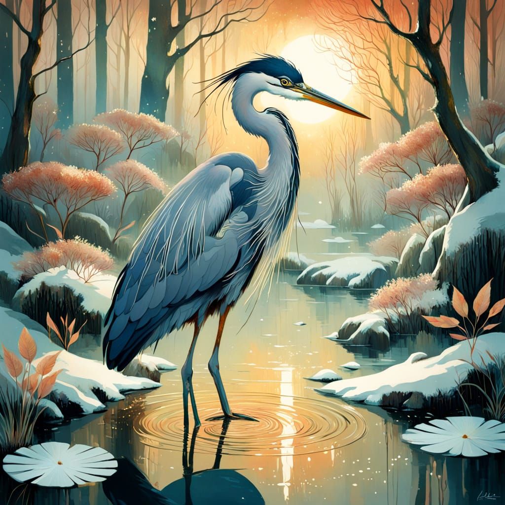 Elegant Heron in Winter Woodland Pool