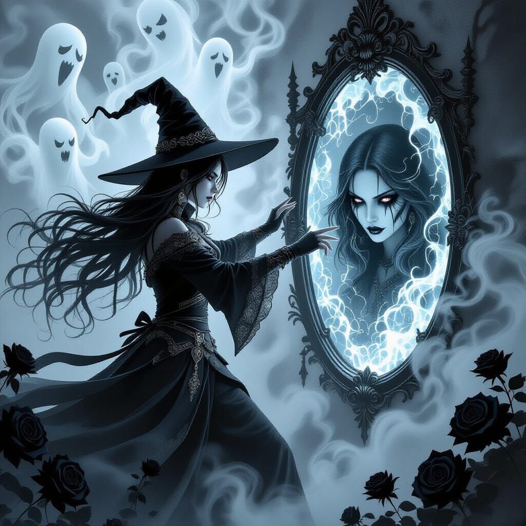 Dark Witch vs Haunted Mirror: Gothic Charcoal Sketch