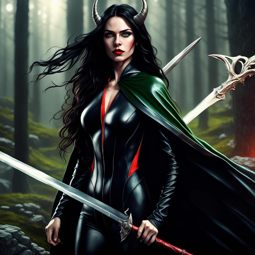 Intense Woman with Demon Horns in Dark Fantasy Style