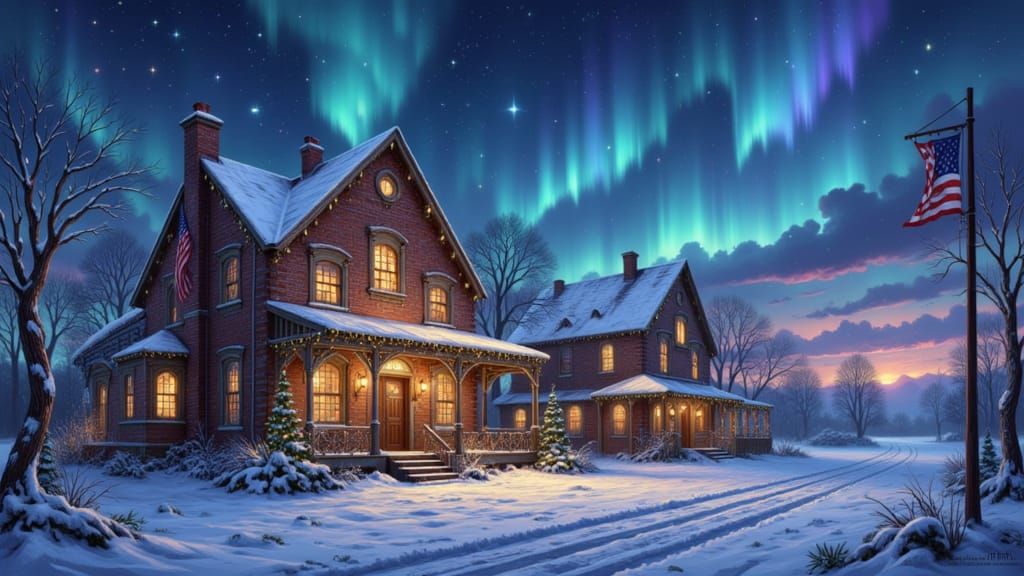 Magical Realism Warehouse Under Starry Christmas Sky
