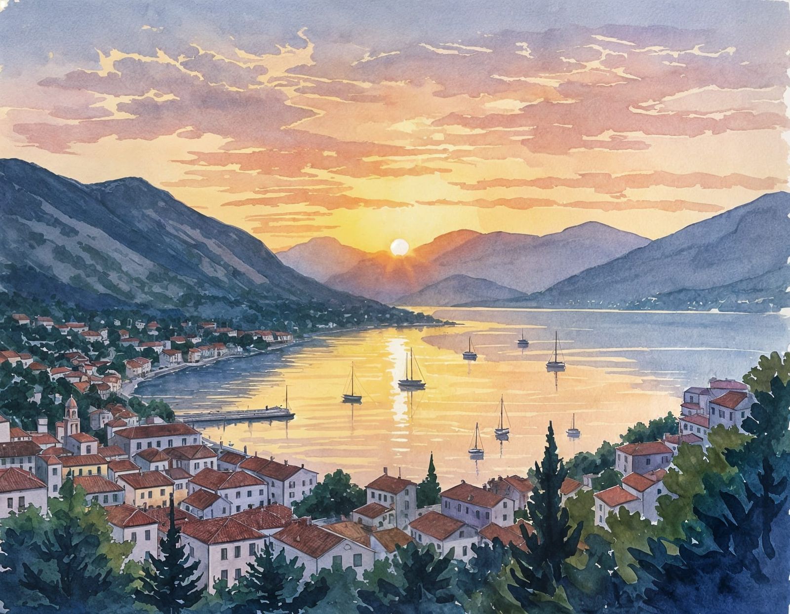 Sunset Over Kotor Bay in Watercolor