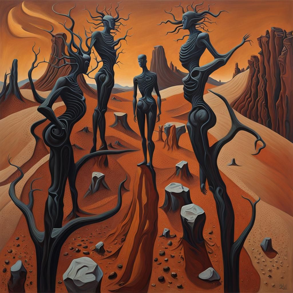 Torsos with sinuous, elongated limbs and distorted proportions, clothed in draped, tattered garments that flow like the ...