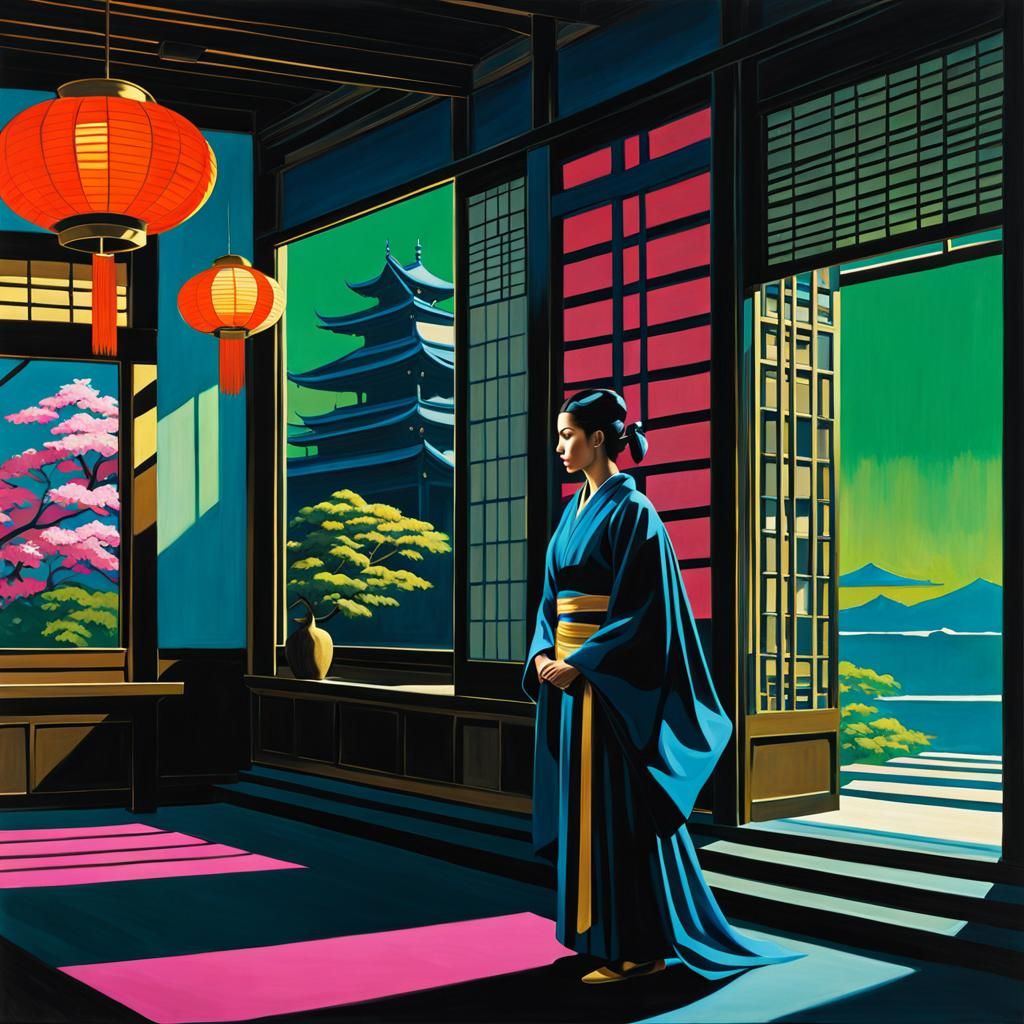 Blue and Gold Ninja Temple Oil Painting