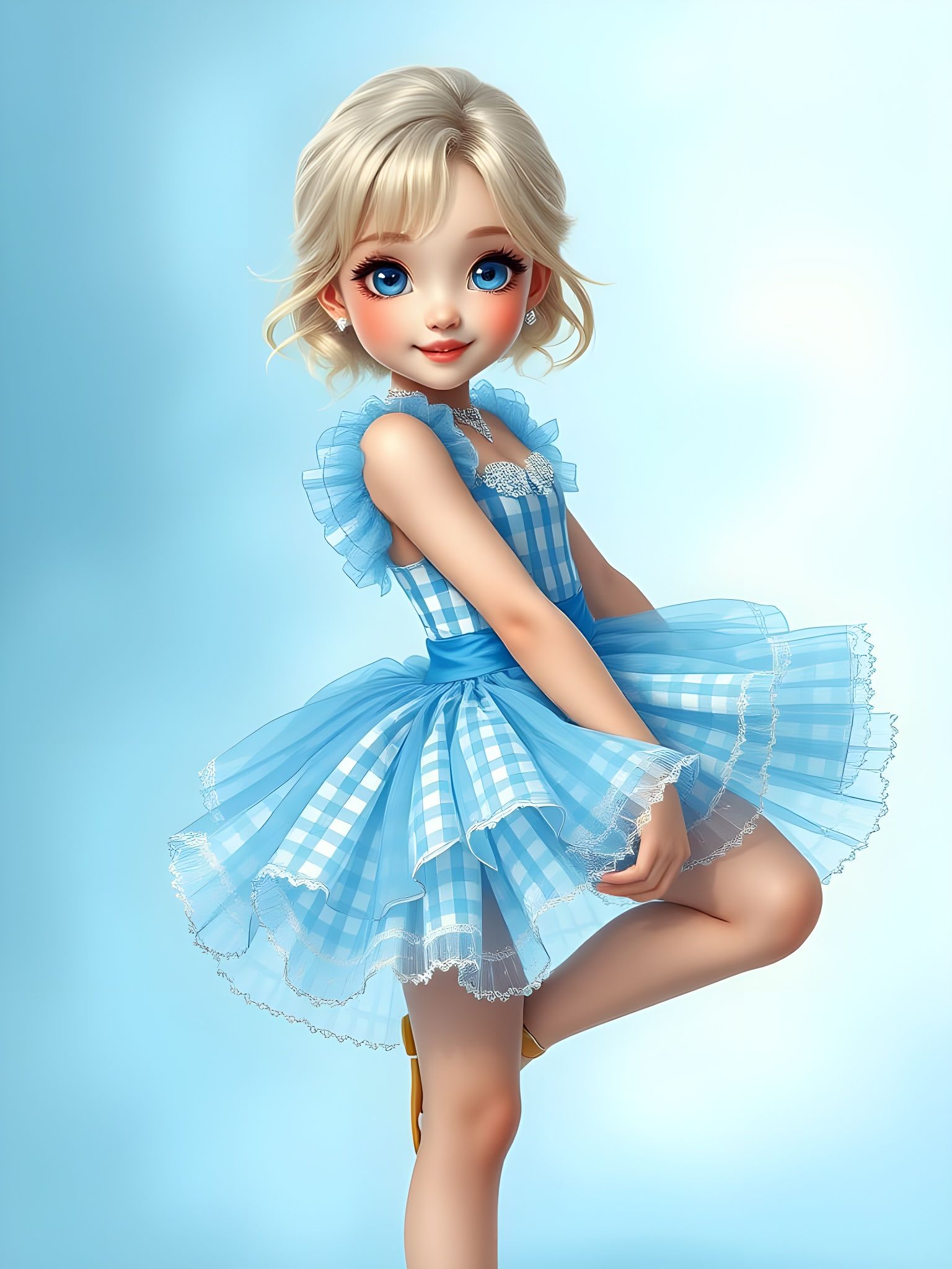 Anime-Inspired K-Pop Idol in Vibrant Blue Gingham Tutu Dress