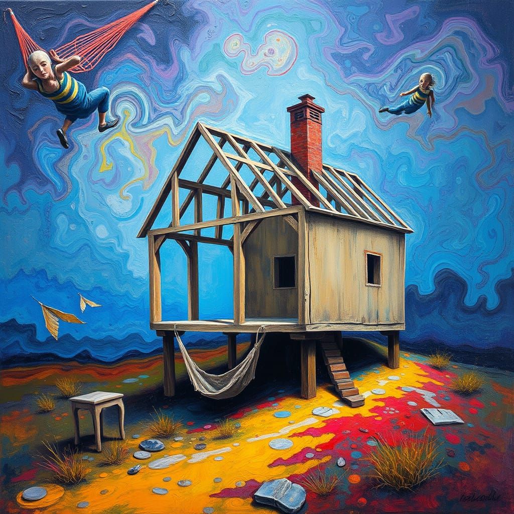 Surreal Dreamhouse in a Vibrant, Swirling Environment