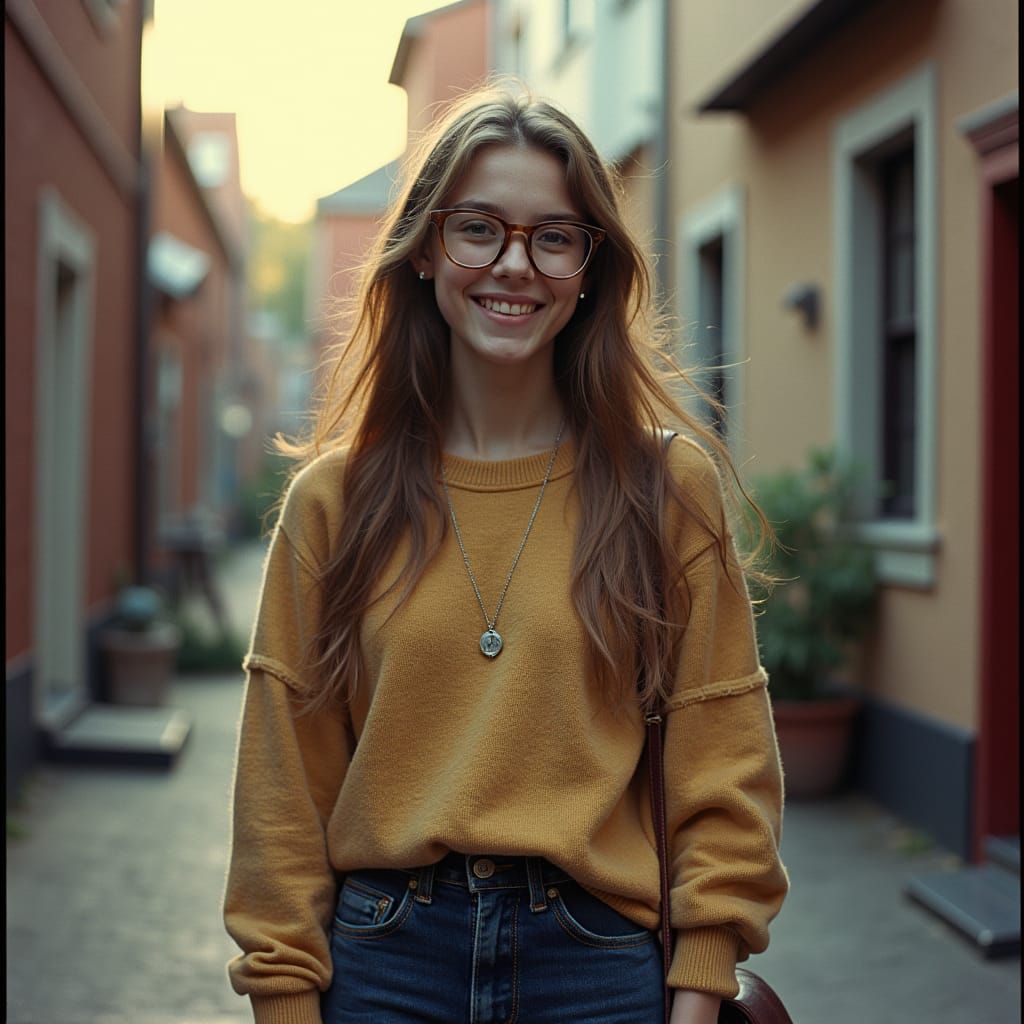 Young Woman with Glasses in Cinematic Film Still