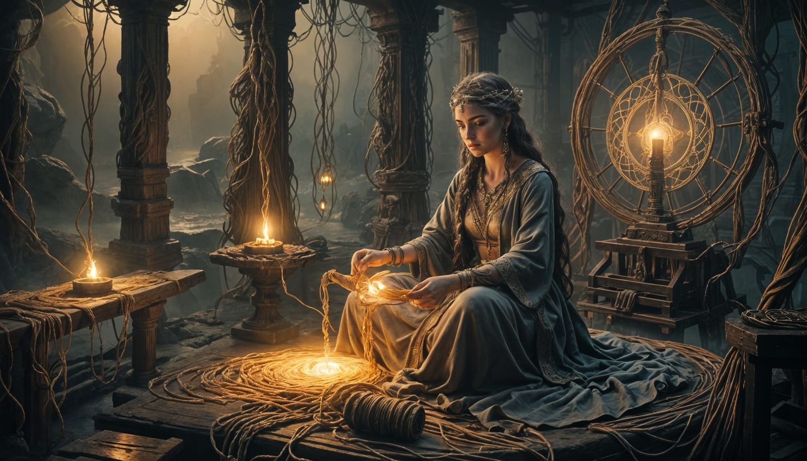Mysterious Goddess at Loom: Detailed Digital Matte Painting