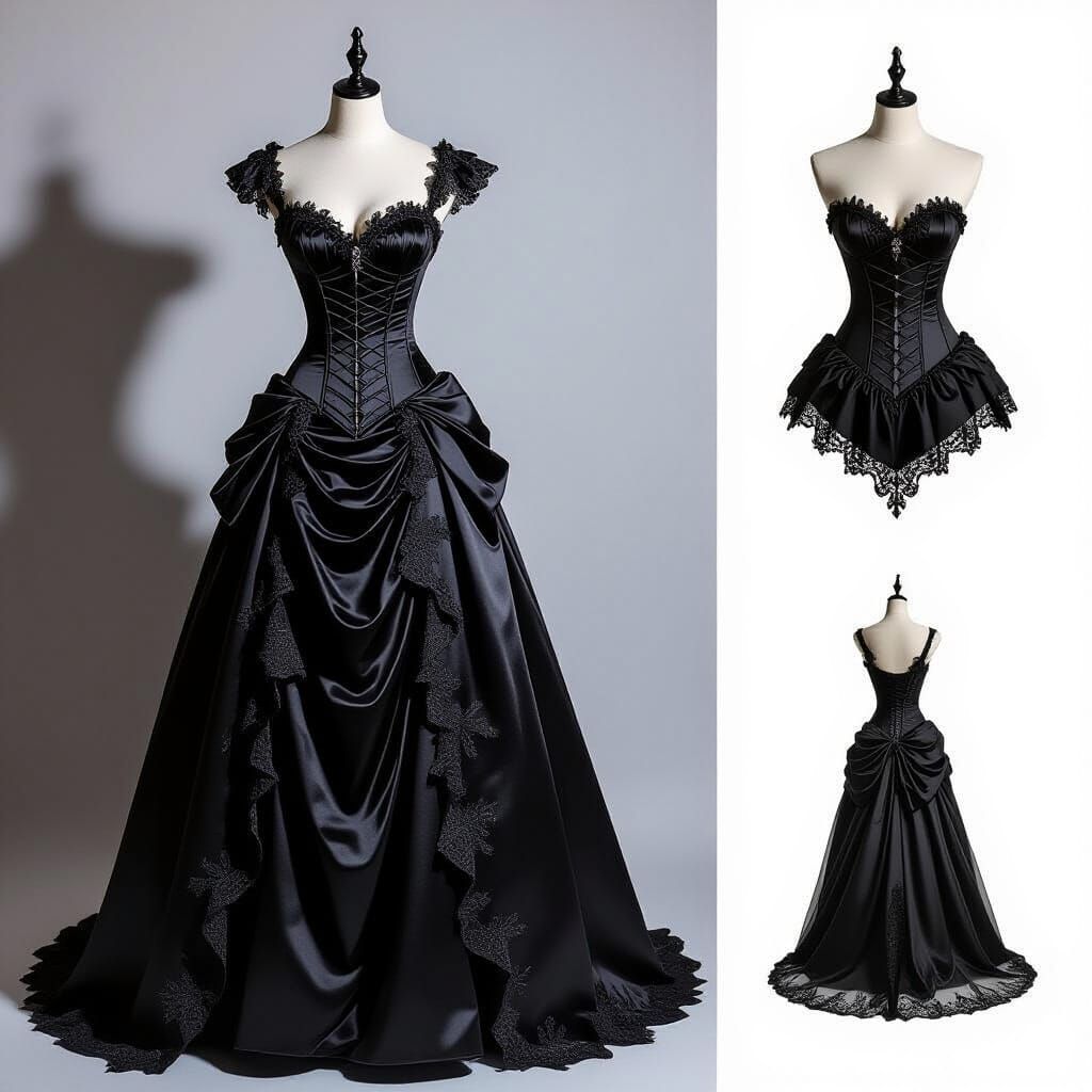 Black Gothic Gown with Silver Embroidery, Victorian Style