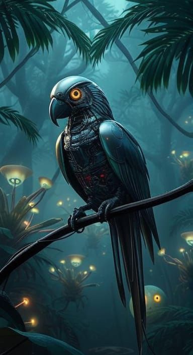 Robot Parrot in Bioluminescent Jungle: Sci-Fi Concept Art