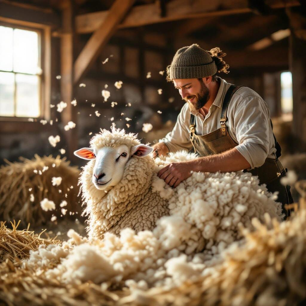 Farmer Shearing Fluffy Sheep in Rustic Barn