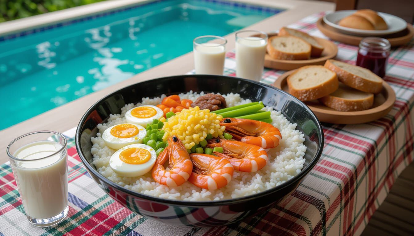 Victorian Plaid Table Setting With Seafood Rice Porridge
