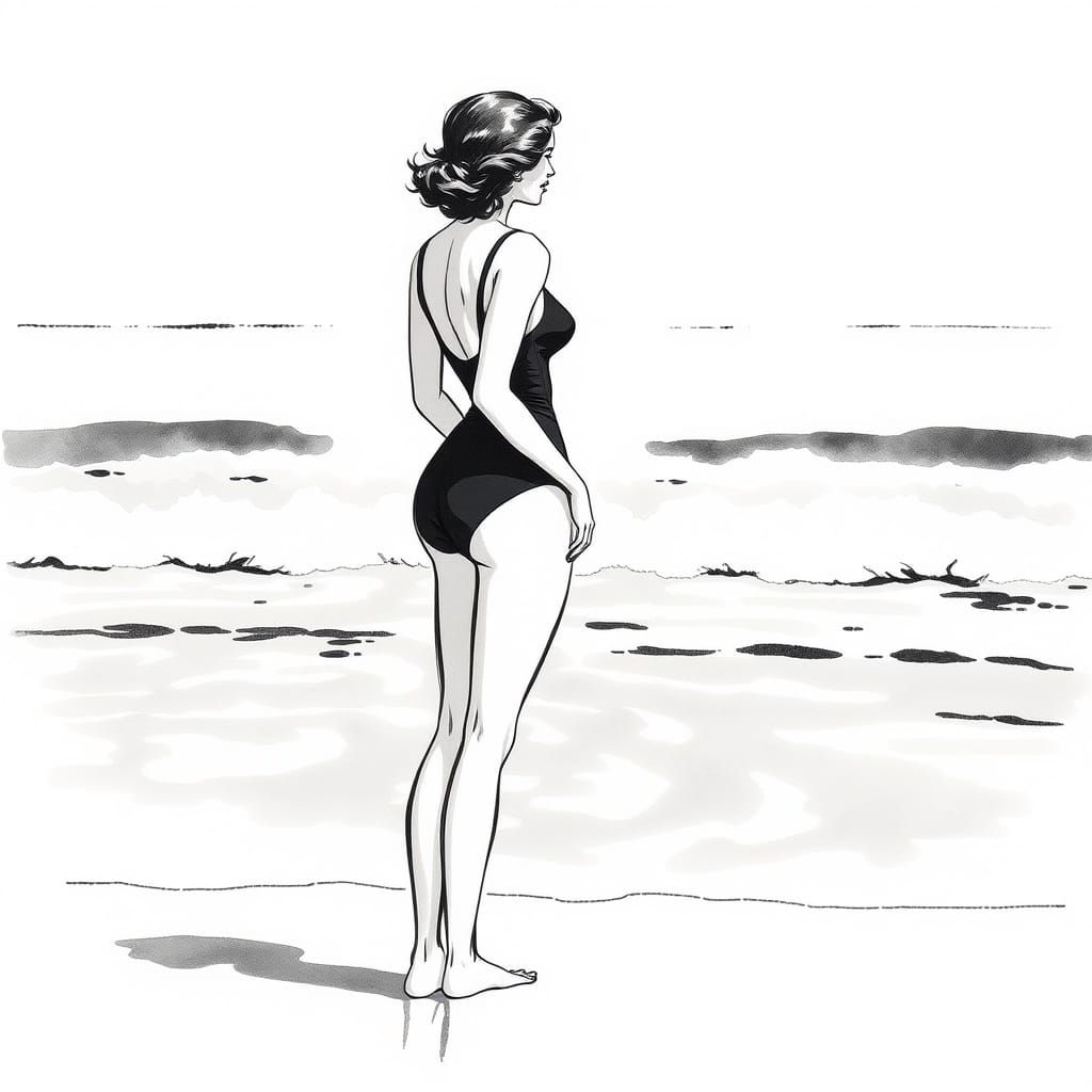 Serene Beach Goddess in Vintage-Inspired Ink Painting