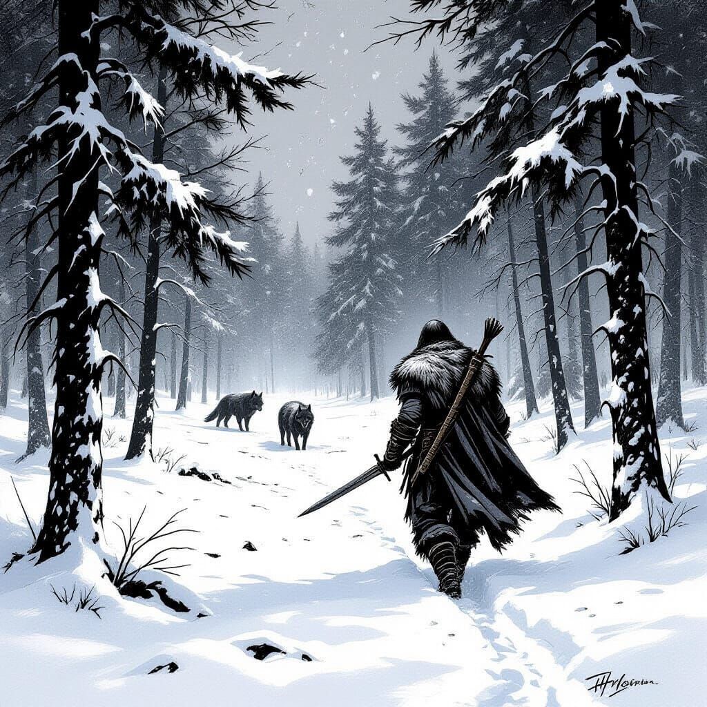 Haggard Warrior in Winter Forest Woodblock Print