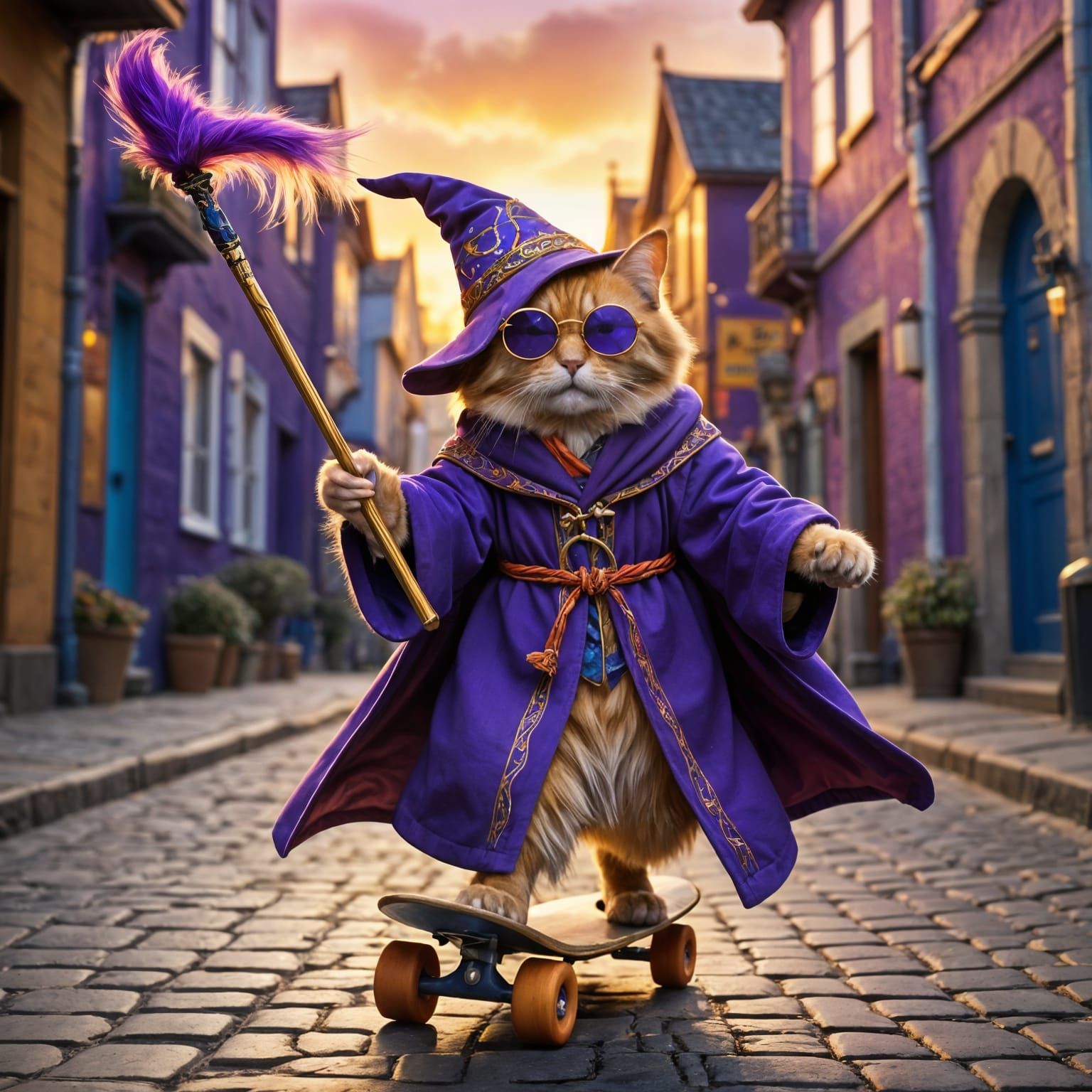 Wizard Cat on Skateboard in Art Nouveau City