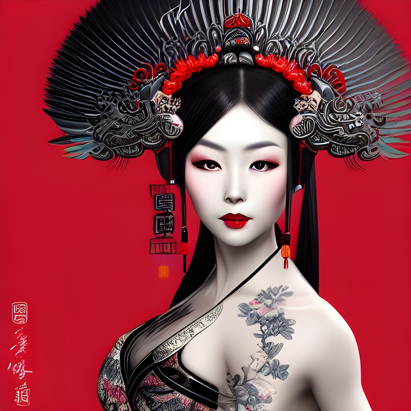 Geisha with Peacock Tail in Ornate Style