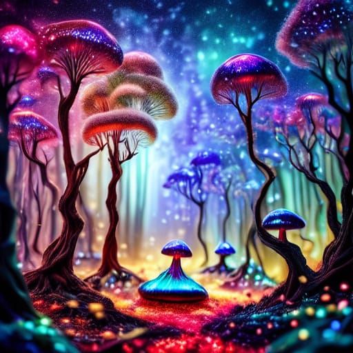 Bioluminescent Forest Clearing with Gnarled Trees