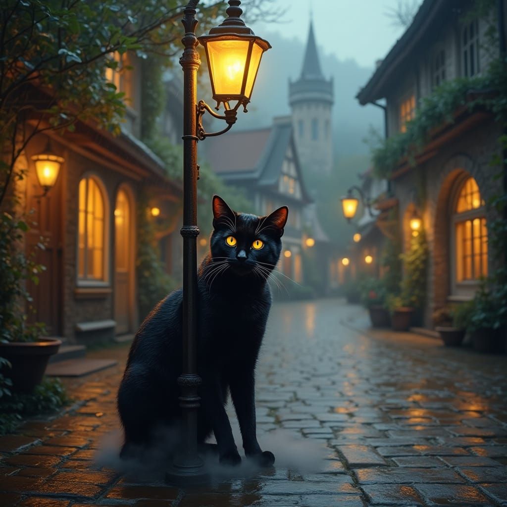 Cyberpunk Feline Seeks Sanctuary in Golden Glow