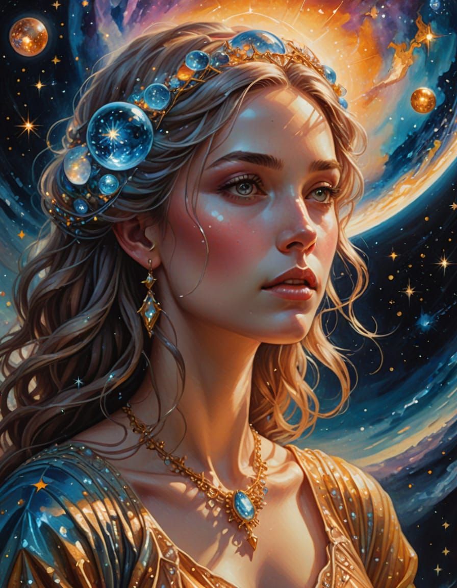 Goddess Gazing into Galaxy Orb: Surreal Oil Painting