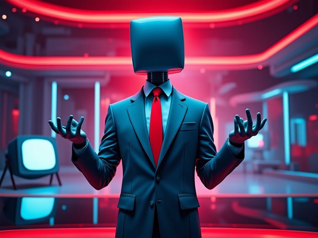 Square-Headed News Anchor in Futuristic Alien Studio