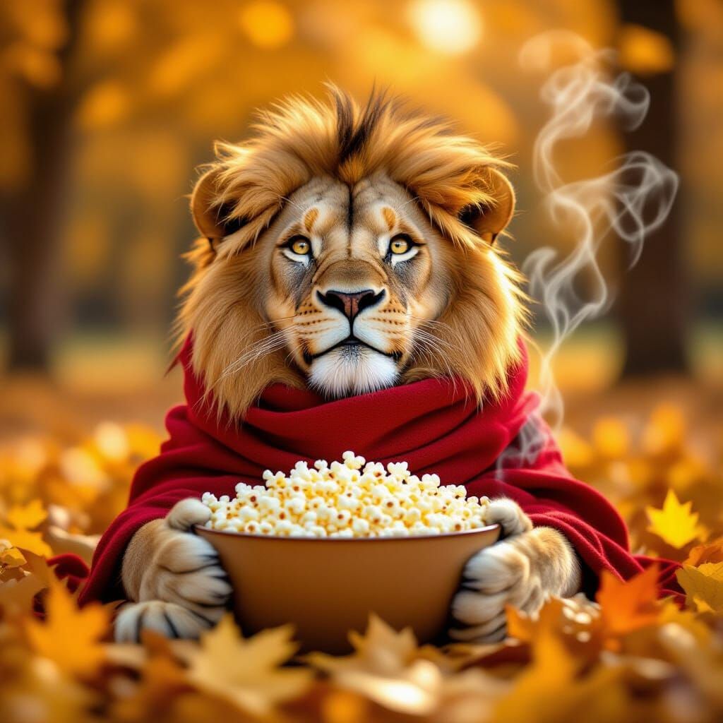 Cozy Lion Enjoys Popcorn in Autumn Sunlight