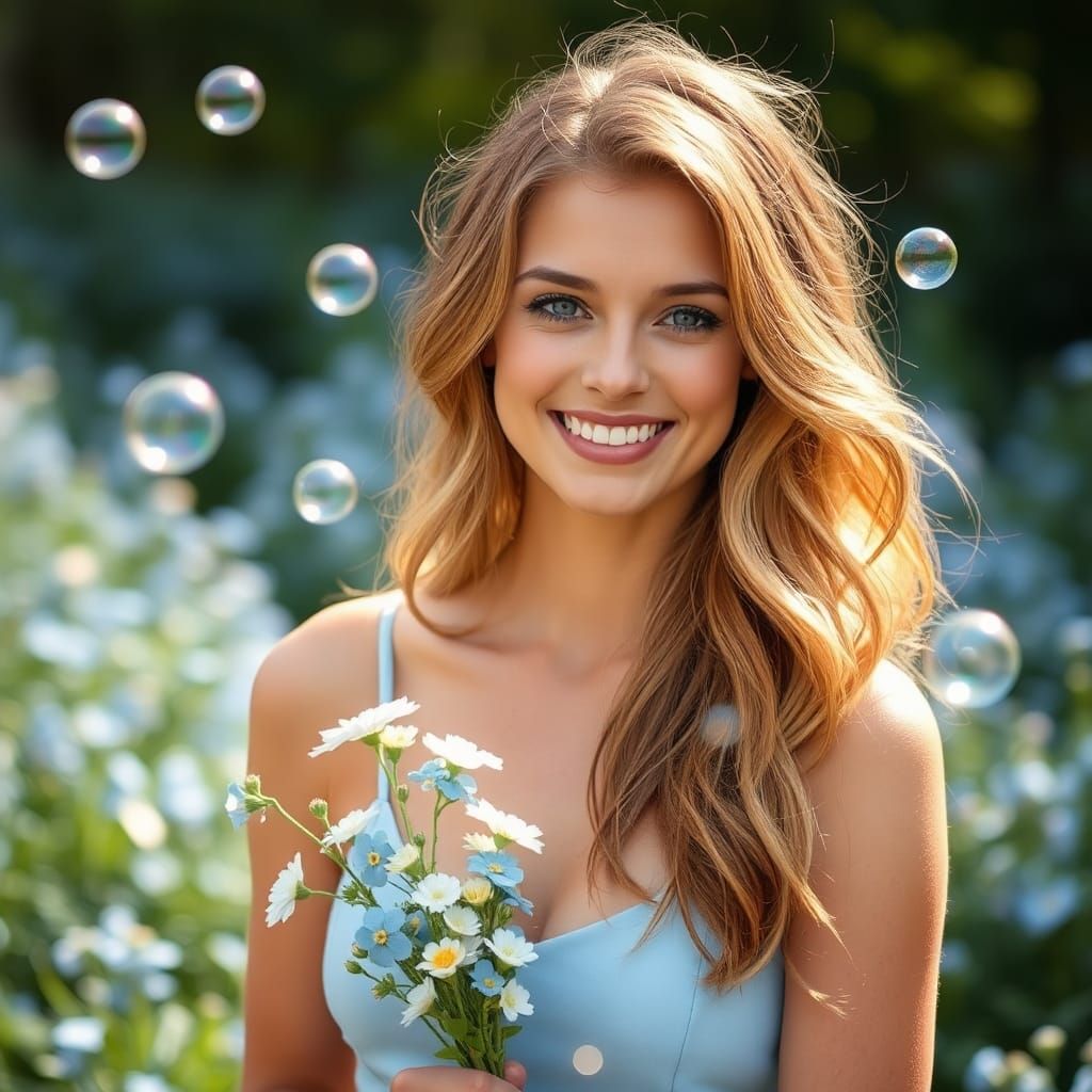 Woman in Garden Holding Forget-Me-Nots