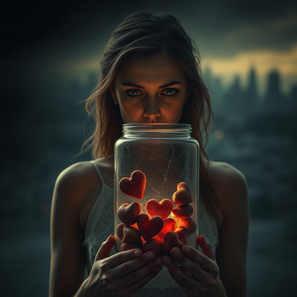 Heartbroken Woman with Jar of Hearts